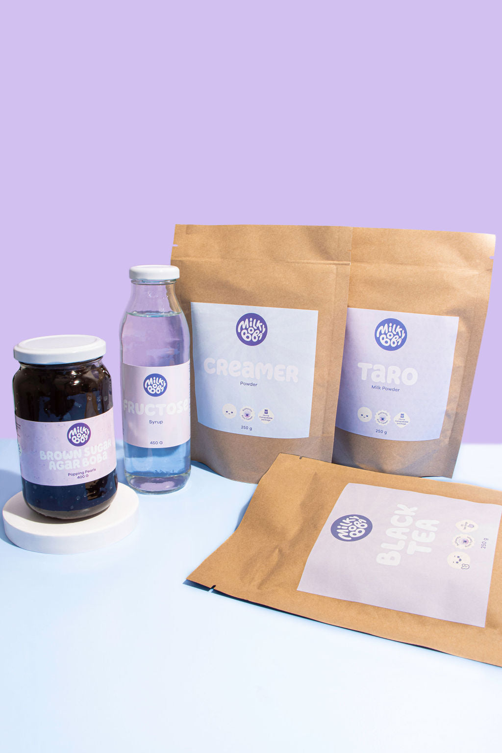 Taro Kit that includes Black Tea, Taro, Creamer, Fructose Syrup and Boba