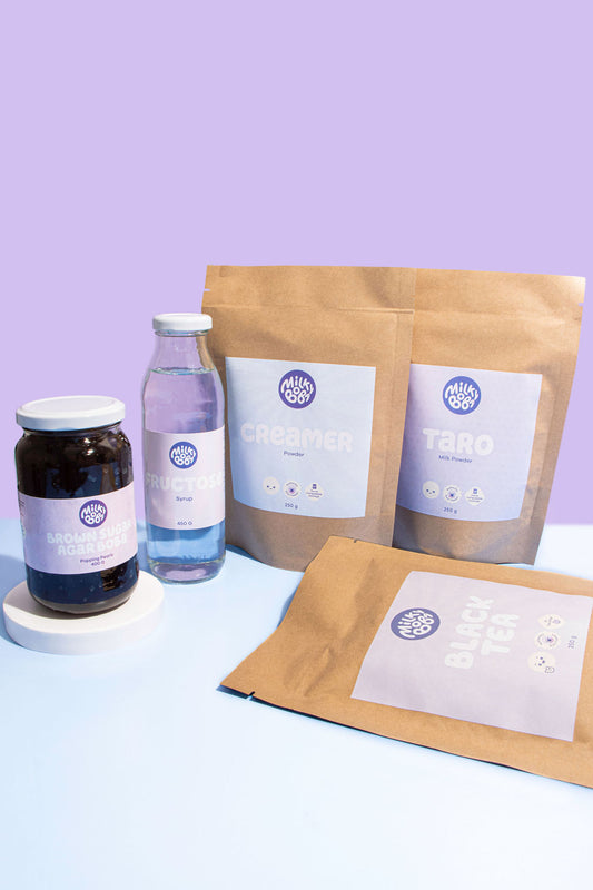 Taro Kit that includes Black Tea, Taro, Creamer, Fructose Syrup and Boba